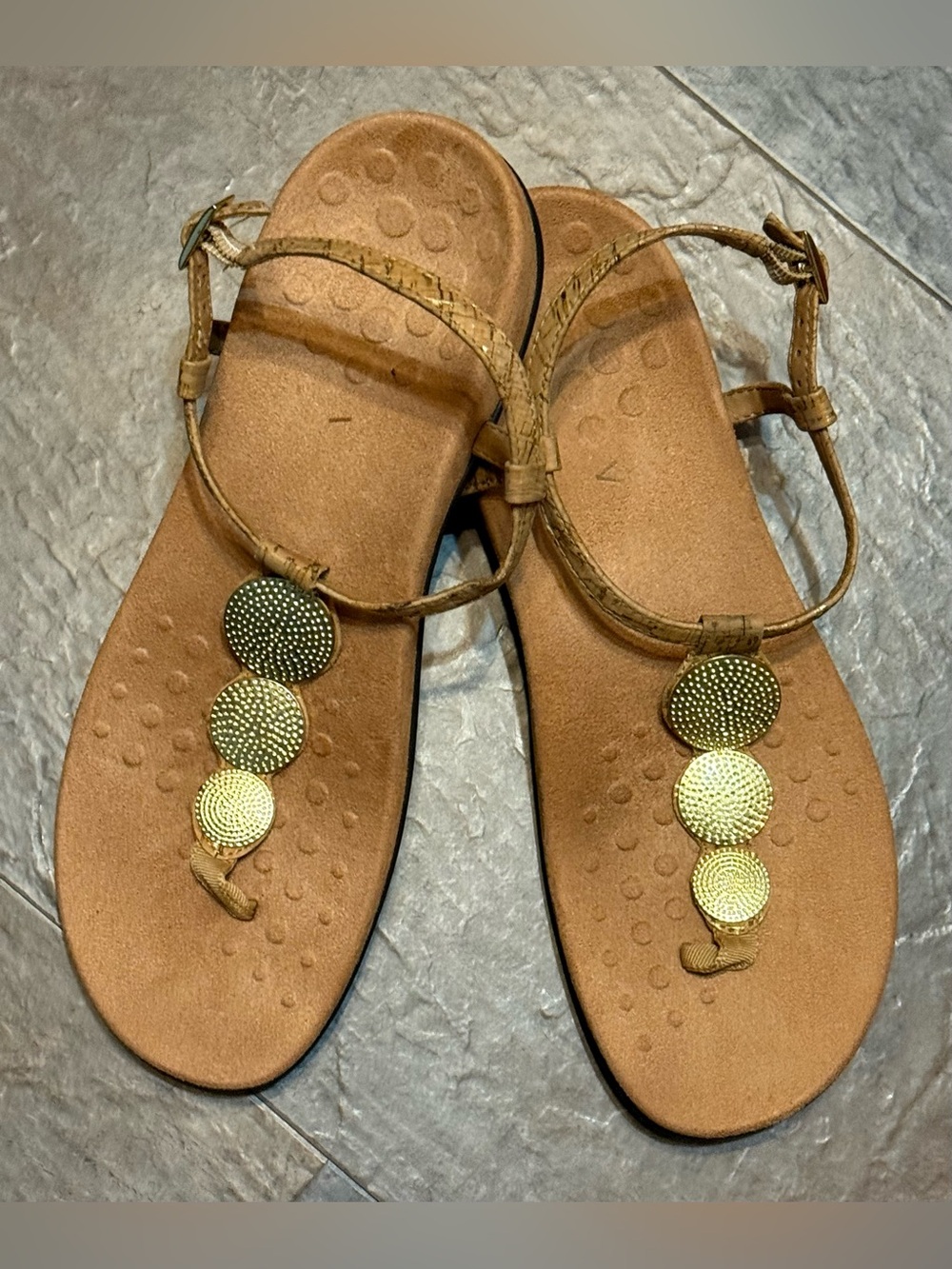 Vionic Women’s Lizbeth Tan T-Strap Sandals with Gold Disc Accents